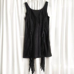 Mini dress, black, with fringe trim decor. Gothic-inspired. Size S